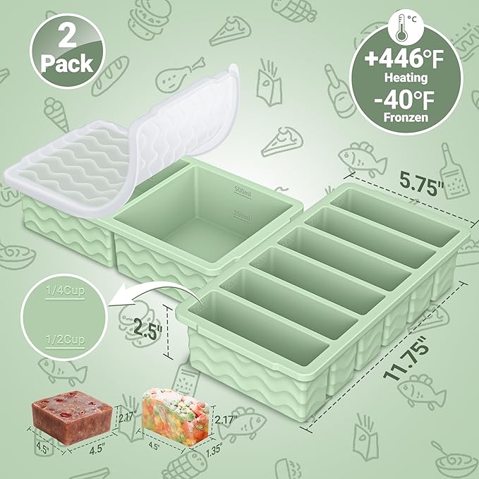 2-Pack Silicone Freezer Trays with Lid, 2 Large 2-Cup(500ml) & 6 Small 1/2-Cup(125ml) Soup Freezer Container Molds, Ice Cube Tray For Meal Prep & Freezing Soup, Stews, Sauces, Oven & Dishwasher-Safe