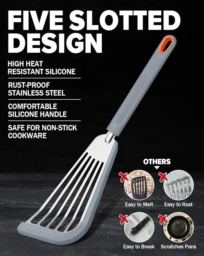 Fish Spatula Turner, Thin Slotted Spatulas for Nonstick Cookware,Silicone Edge Heat Resistant Kitchen Flipper for Fish, Egg, Pancake(Stainless Steel, 2Pack)