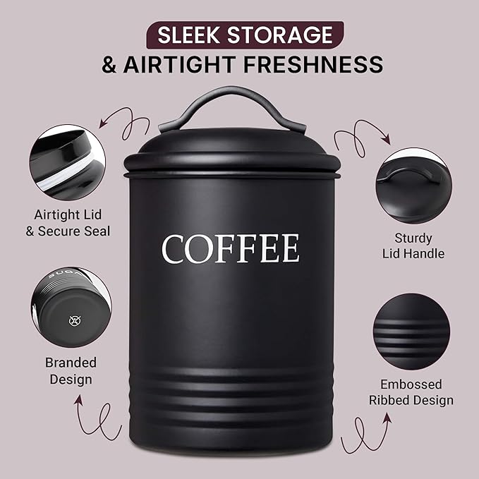 Steelware Central Kitchen Canister Set of 3 Sugar Coffee Tea with lids Food Storage, Black