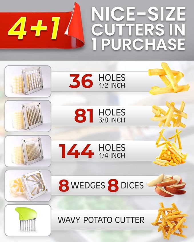 Ezcasch French Fry Cutter with 4 Blades(1/4", 3/8", 1/2", 8-wedge slice)