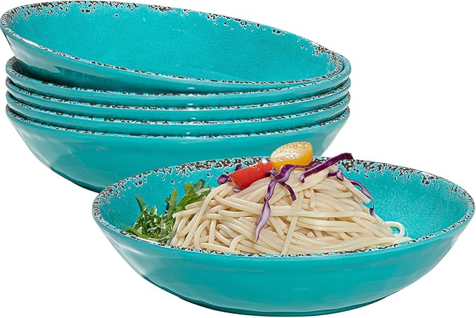 ZAROCRUS Farmhouse Melamine Pasta Bowls Set of 6, 42 OZ Shallow Individual Bowl, Melamine Pasta Plates and Salad Bowls sets, Dishwasher Safe Serving,Snack bowl,Fruit Bowl, Teal