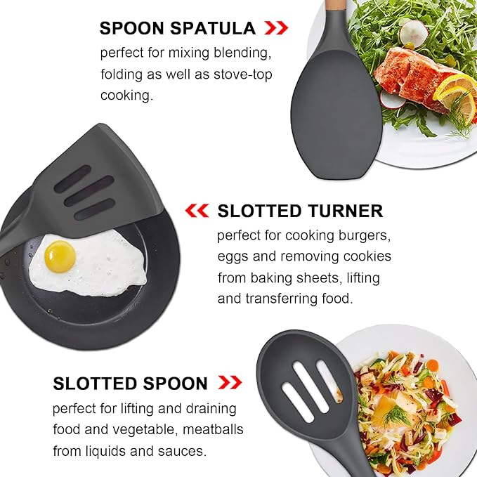 IOCBYHZ Kitchen Cooking Utensils Set, 6Pcs Silicone Kitchen Utensils Set Spatula Spoon Soup Ladle Turner, Heat Resistant Wooden Handle Silicone Cooking Gadgets for Nonstick Cookware & Baking BPA FREE