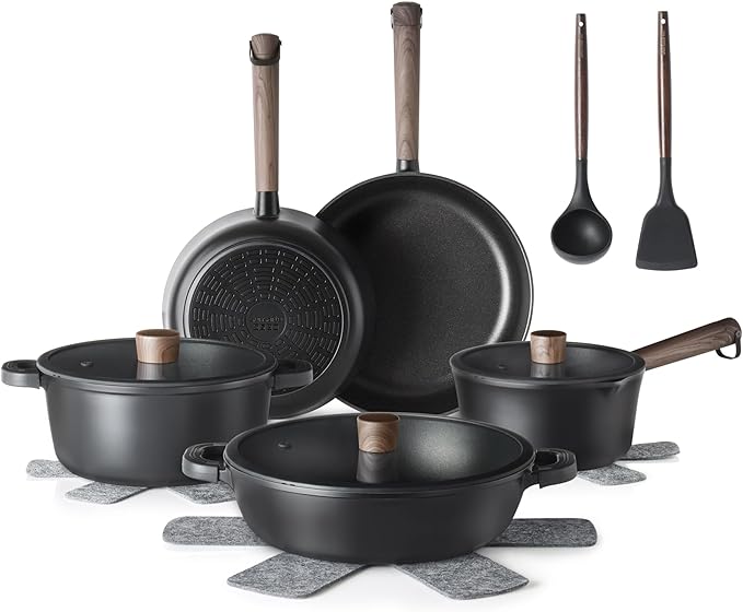 SENSARTE 15Pcs Nonstick Cookware Set Pots and Pans Set Kitchen Cooking Frying Pans with Stay-cool Handle, Dishwasher Safe, Induction Compatible, PFOA/PFOS Free, Black
