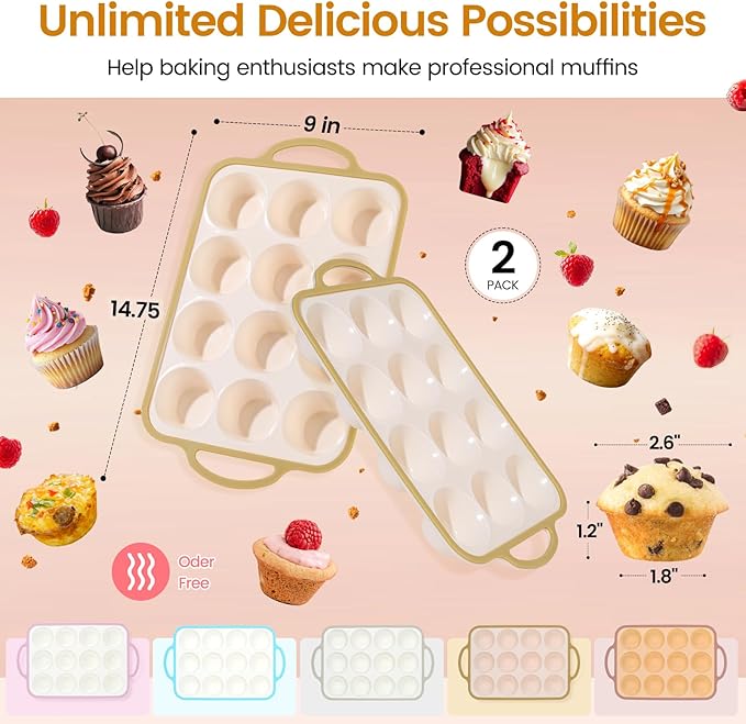 Fimary Silicone Muffin Pans for Baking 2 Pack, 2.6 Inch with Metal Reinforced Frame, Regular Size Nonstick Cupcake Pan 12 Cups for Baking Homemade Muffins, Dishwasher Safe BPA Free-Light Yellow