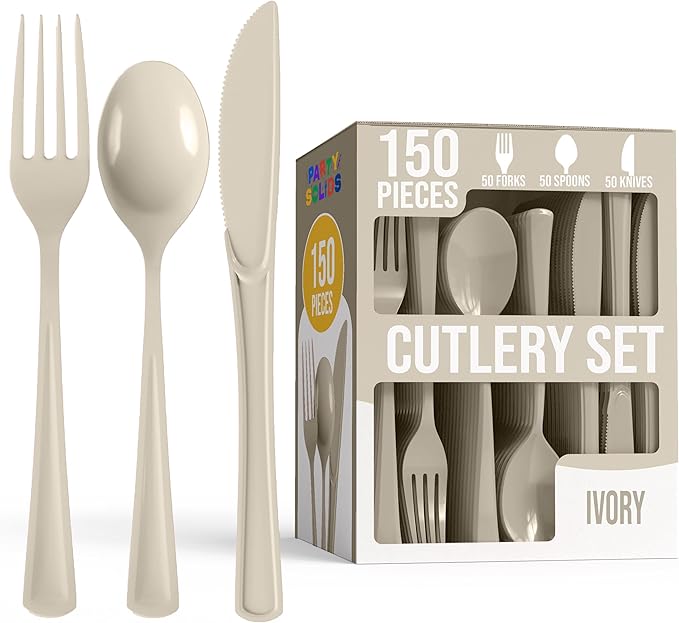 Party Solids Ivory Plastic Silverware Heavy Duty 150 Pieces Ivory Disposable Silverware Heavy Duty, Utensil Sets, 50 Of Each Forks, Knives & Spoons Disposable Cutlery Set For Party Supplies
