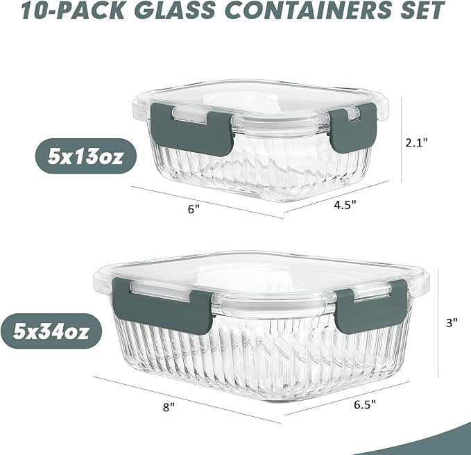 KOMUEE 10 Packs Glass Meal Prep Containers with Lids, Glass Food Storage Containers Set, Airtight Lunch Containers, Microwave, Oven, Freezer and Dishwasher Safe