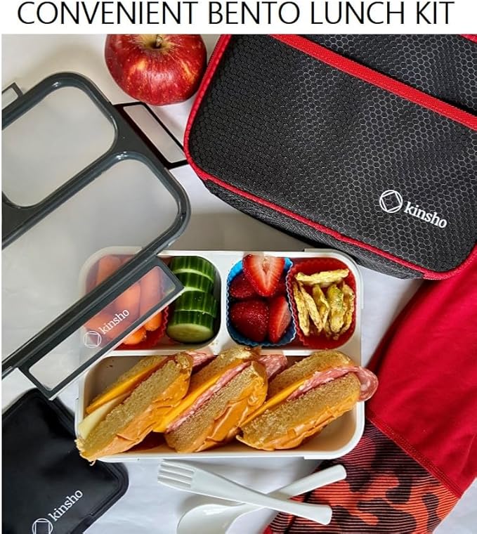 kinsho Bento Lunch Box, Ice Pack Insulated Bag for Kids & Boys, Black & Red