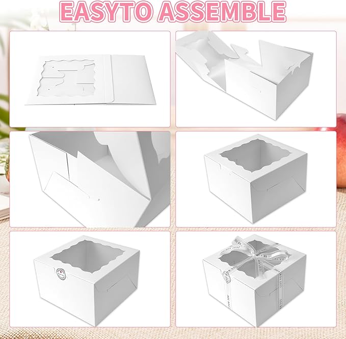 CHENZEM 28 Sets 6x6x5 Cake Box, White Cake Box with Window 6" White Cake boxes Round Boards, 6inch Cake Containers with Lids for Easter and Mother's Day Cheesecake, Cakes(6 * 6 * 5inch/28pcs)