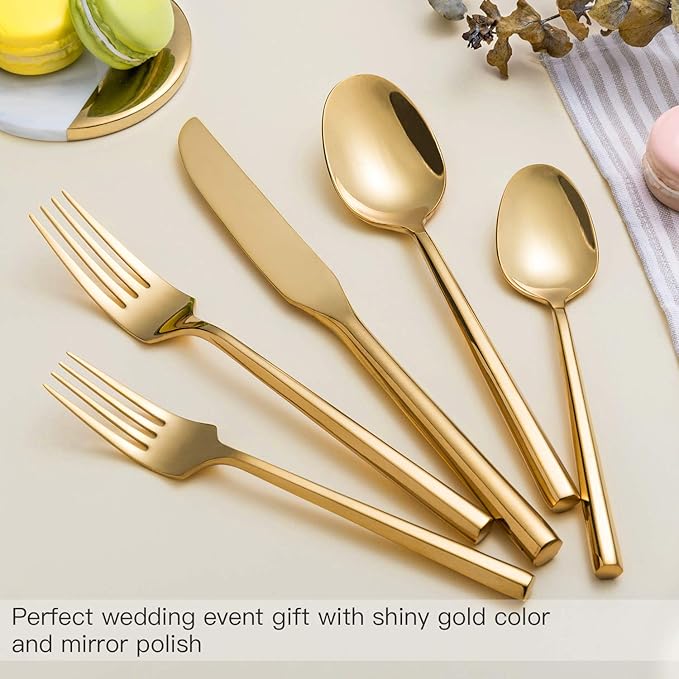 Kelenfer Gold Silverware Set Flatware Set Stainless Steel Cutlery Set 40 Pieces Hexagon Handle Home Kitchen Daily Use Service for 8