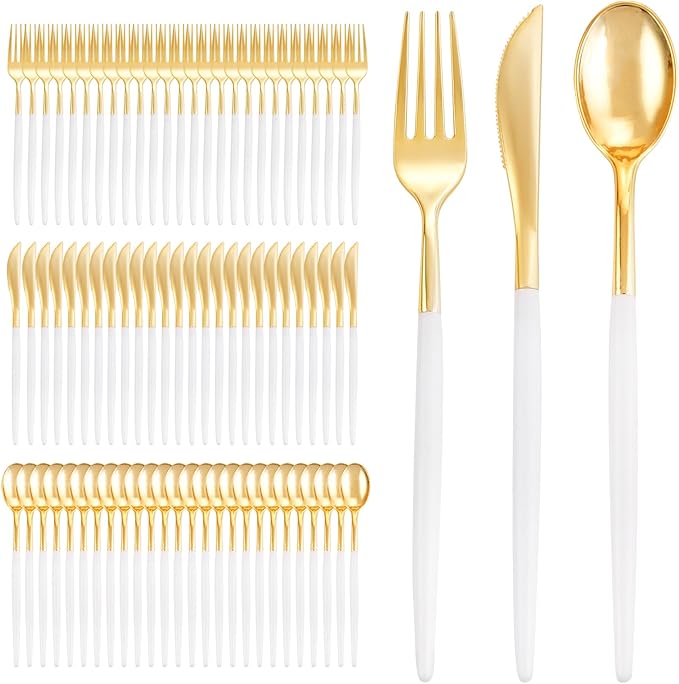 I00000 300 Pcs Gold Plastic Silverware Set, Gold Utensils with White Handle