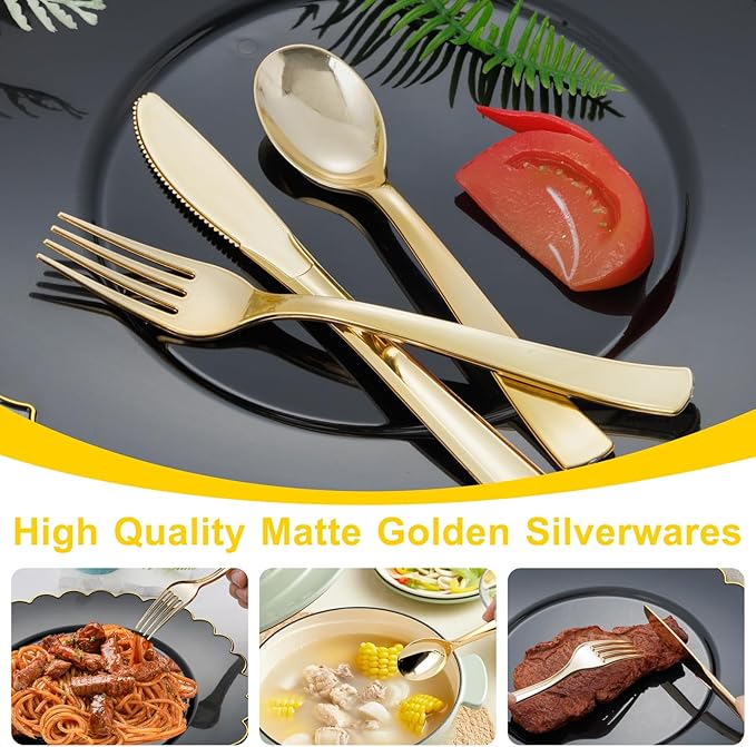 EI 360pcs Gold Plastic Silverware,Gold Silverware Disposable,Gold Forks and Spoons,Gold Plastic Cutlery include 120pcs Forks,120pcs Spoons and 120pcs Knives for Wedding,Afternoon Tea,Valentine's Day