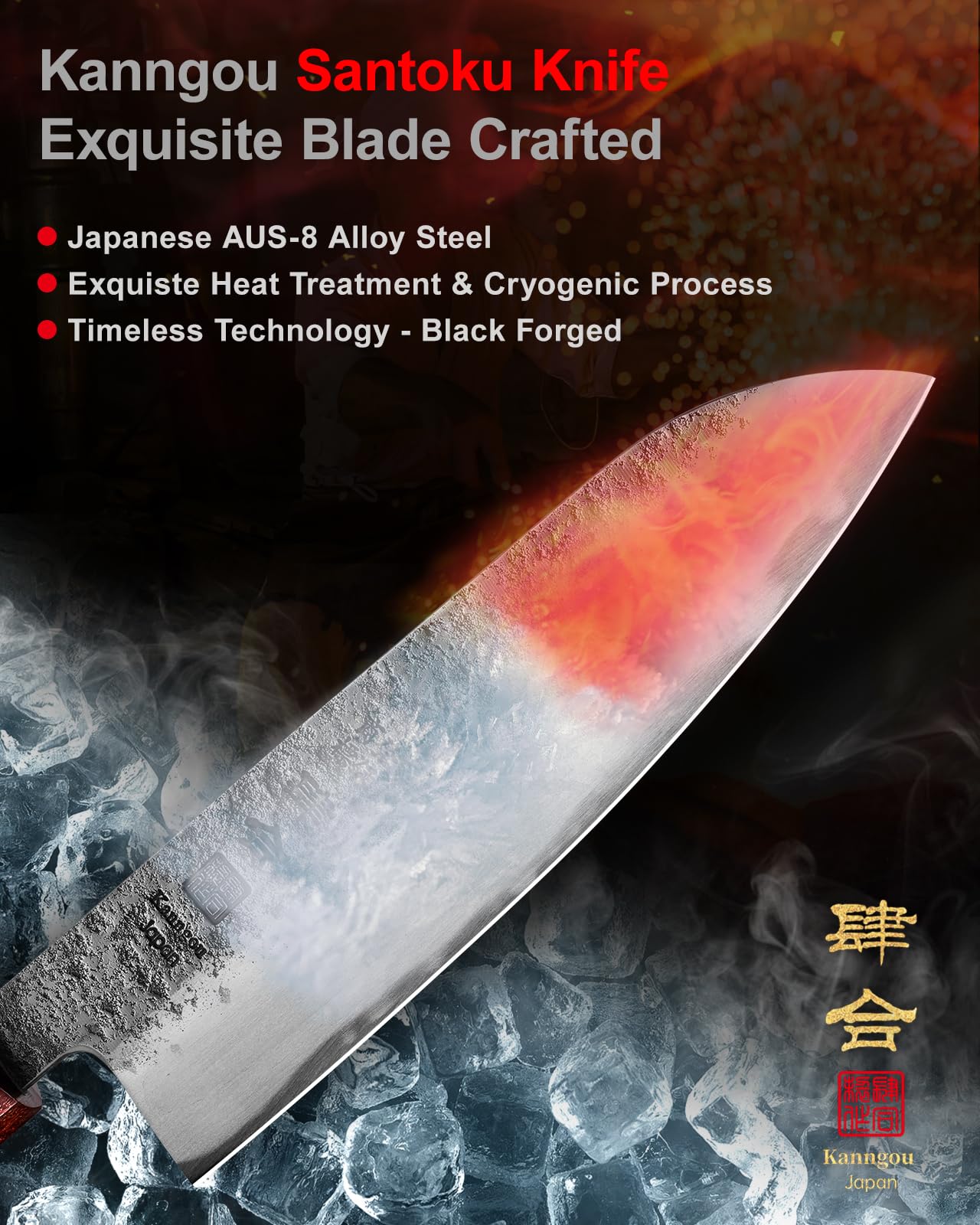 kanngou 7 inch Razor Sharp Santoku Knife, AUS-8 Alloy Steel 18cm Japanese Chef Knife with Eboy Handle, Chefs Knife with Premium Gift Box (WA Series)