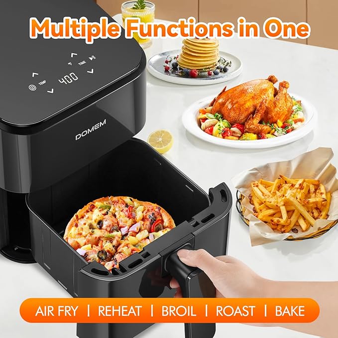 DOMEM 3 Qt Compact Air Fryer with Non-Stick Basket and Rack, User Friendly Simple Touchscreen, Cook in Simple Steps, Low-Oil Cooking Small Air Fryer, Space Saving Cooker