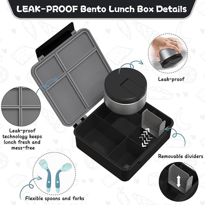 Aimsnk Kids Lunch Box with Thermo Insulated Lunch Bag for School, Black