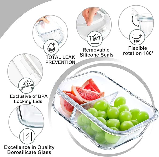 VERONES 5 PACK 36 OZ Glass Food Storage Containers 2 Compartment Set, Wihte