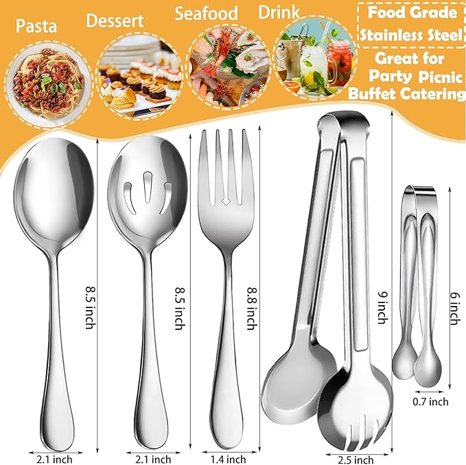 IAXSEE 10 PCS Stainless Steel Serving Utensils, Large Serving Spoons Slotted Spoons, Serving Forks, Serving Tongs, Ice Suger Tongs, Metal Utensils Set Great for Buffet Catering Banquet Party (silver)