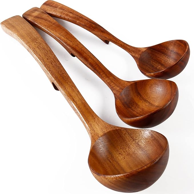 NAYAHOSE Wooden Ladle 3Size, Wooden Spoons for Cooking, Wooden Ladle for Soup, Natural Teak, Non-Stick Wooden Spoon, Wood Cooking Spoons, Kitchen Utensils set