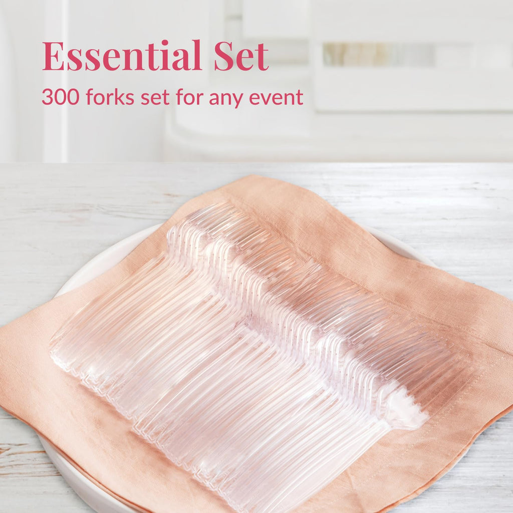 Prestee 300 Count Disposable Plastic Forks - Heavy Duty Silverware Bulk Set - Clear Plastic Utensils for Catering, Weddings, Parties, BBQ - Elegant and Sturdy Forks for Events and Buffets