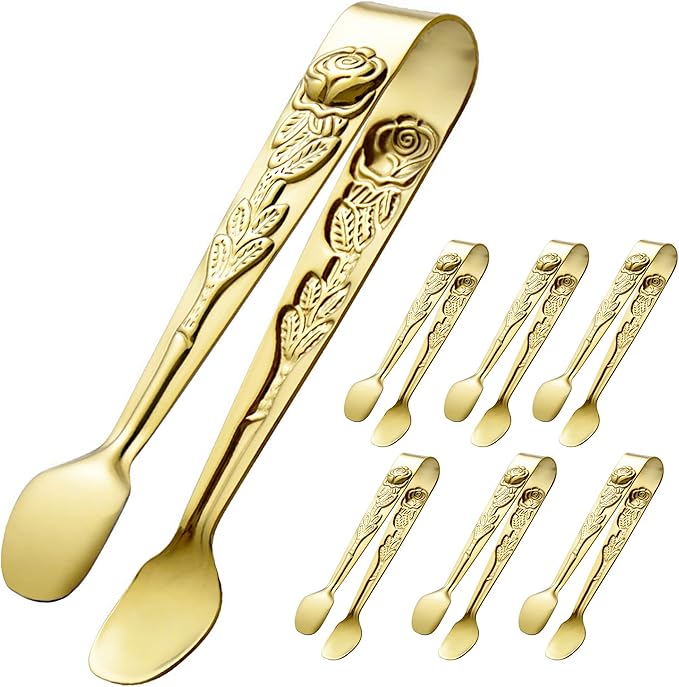 HINMAY 6PCS Mini Serving Tongs 4 Inches Small Rose Sugar Cube Tongs (Gold)