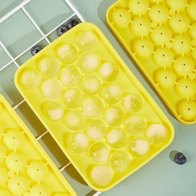 Obsoorth Round Ice Cube Tray 2 Pack BPA Free Silicone Flexible Easy Release 1.1 Inch x 50PCS Small Ice Ball Maker Mold for Whiskey, Cocktail, Chilling (Yellow)