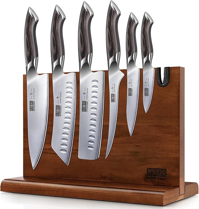 HOSHANHO 7PCS Kitchen Knife Set, Japanese Magnetic Knife Block Set
