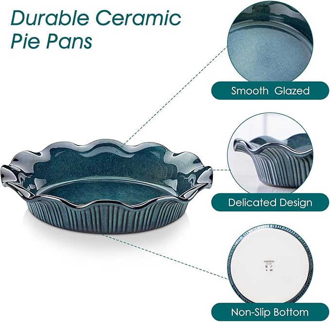 vancasso Ceramic Pie Pan for Baking, 9 inch Deep Pie Plates for Apple Pie, Pot Pie, Tart and Quiche, Reactive Glaze Fluted Pie Pans, Large Pie Dish with Ruffled Edge, Green, STERN Series