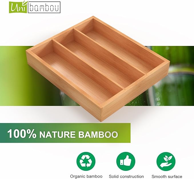 Unibambou Bamboo Silverware Drawer Tray, Kitchen Flatware Cutlery Organizer