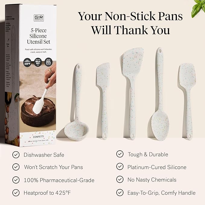 GIR 5-Piece Silicone Kitchen Utensils Set, Non-Toxic Cooking Utensils for Cooking and Baking, Heat Resistant, Food Grade, Dishwasher Safe Rubber Spatula, Ladle, Spoon - Party Confetti