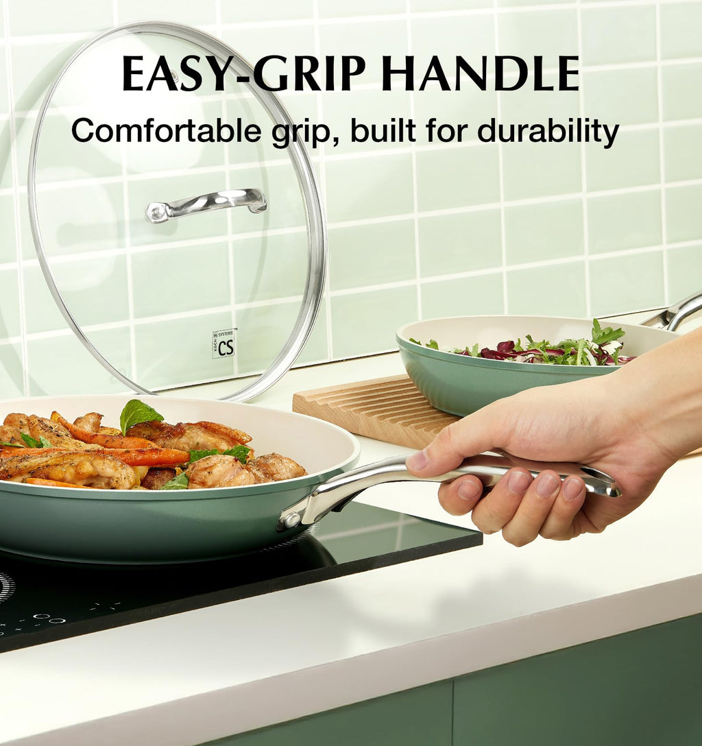 KOCH SYSTEME CS 10 Inch Ceramic Frying Pan with Lid, Non Stick Frying Pan with Stainless Steel Handle, Ceramic Skillet for Cooking, Induction Compatible Skillet, PTFE & PFOA Free, Oven Safe, Green