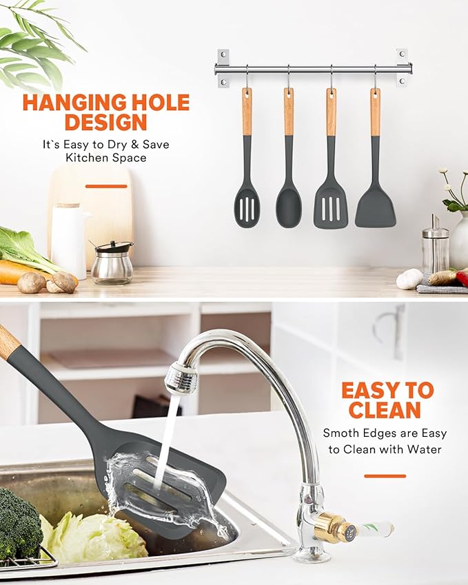 Badiano Silicone Cooking Utensils Set, Safe for Nonstick Cookwares, Grey