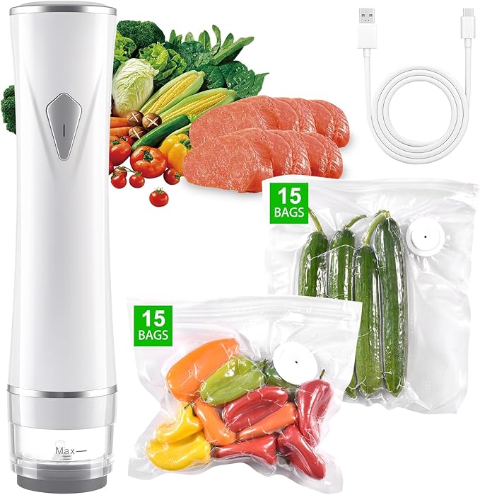 VENMATE Reusable Vacuum Sealer Bags, 15 Pack BPA-Free 8×8 Inch, Heavy-Duty Commercial Grade, Leak-Proof, Freezer Microwave Sous Vide Safe (White Vacuum Sealer + 30 Bags)