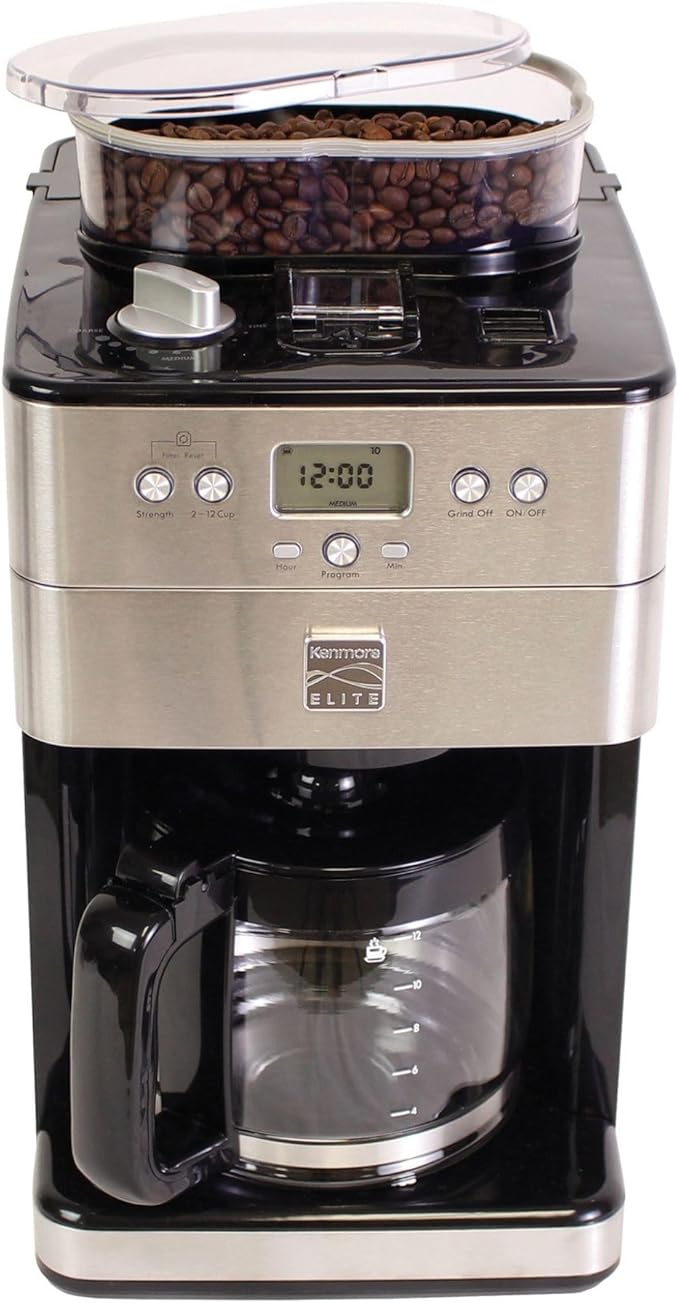 Kenmore Elite Grind and Brew Coffee Maker 12 Cup with Built‑In Burr Grinder