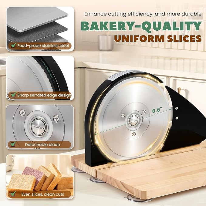 Huanyu Manual Bread Slicer Upgrade Foldable Sourdough Cutter Versatile Hand Crank Stainless Steel Blade Adjustable Thickness with Scale Line & Suction Cup for Homemade & Commercial Use Black