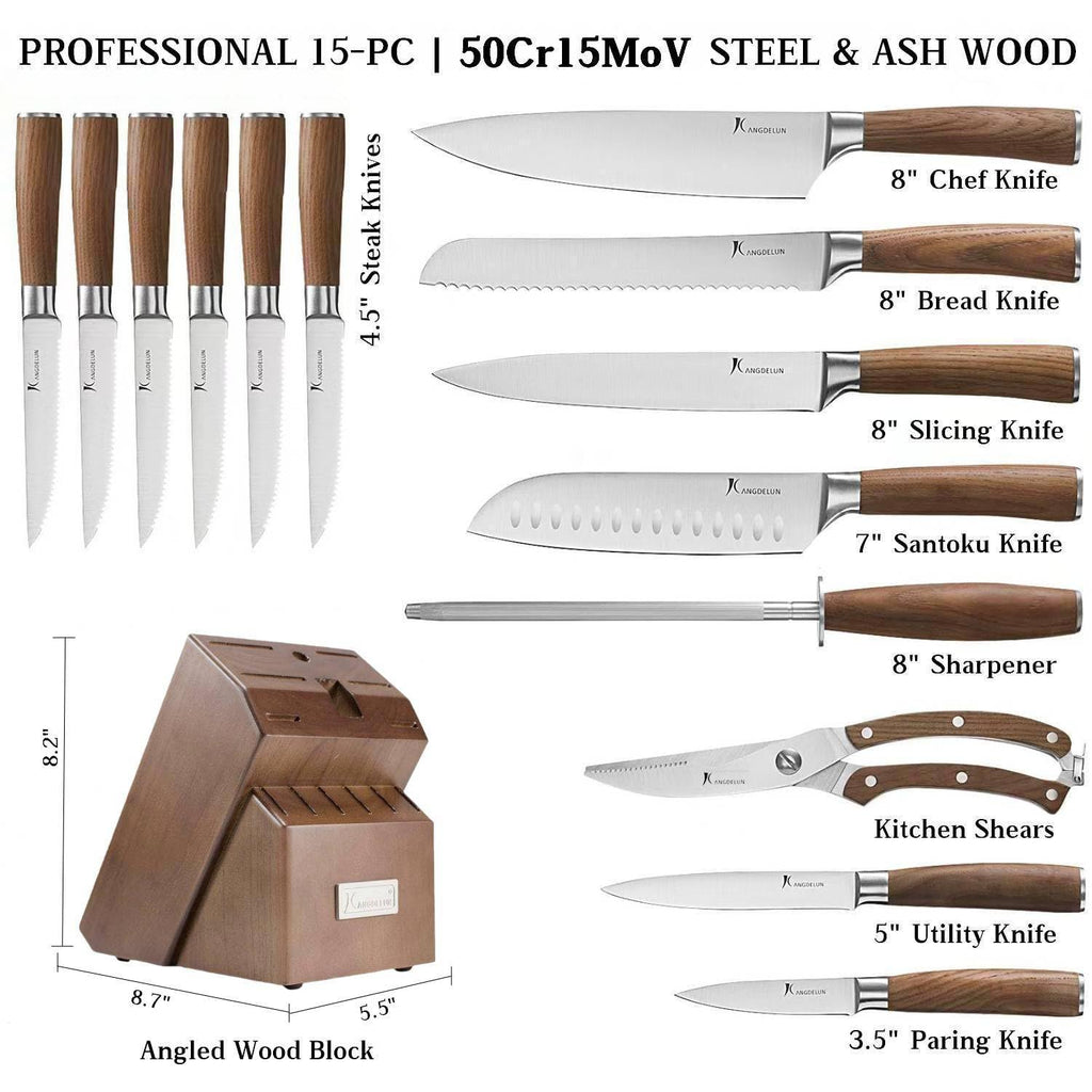 Kangdelun Ultra Sharp 15-Piece Knife Set, 50Cr15MoV High-Carbon Stainless Steel, Torrefied Brown Ash Wood Handles, Angled Dark Brown Wood Block, Easy Hand Wash, Gift Box