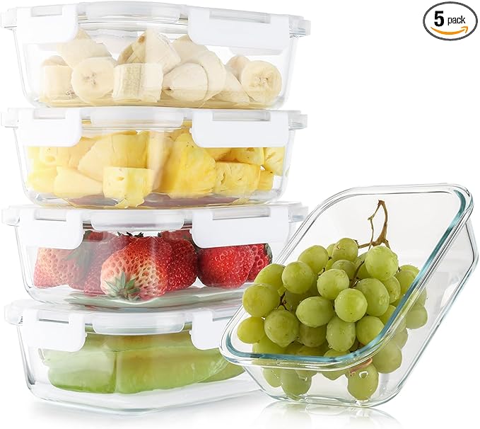 Cuiselect 5 Pack 36 Oz Glass Meal Prep Containers with Lids, Reusable Glass Food Storage Containers with Lids, Leak Proof, Microwave, Oven, Freezer and Dishwasher Safe (White)