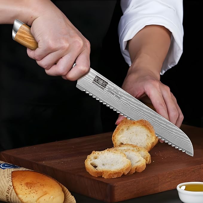 HOSHANHO Damascus Bread Knife 8", Sharp Serrated for Homemade Sourdough