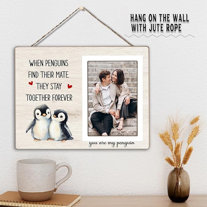 Penguin Photo Frame Gift, Engagement Picture Frame, Wedding Gifts for Couple, Valentine's Gift for Him Her, Anniversary Couple, fits 4x6 Photo, When Penguins Find Their Mate They Stay Together Forever