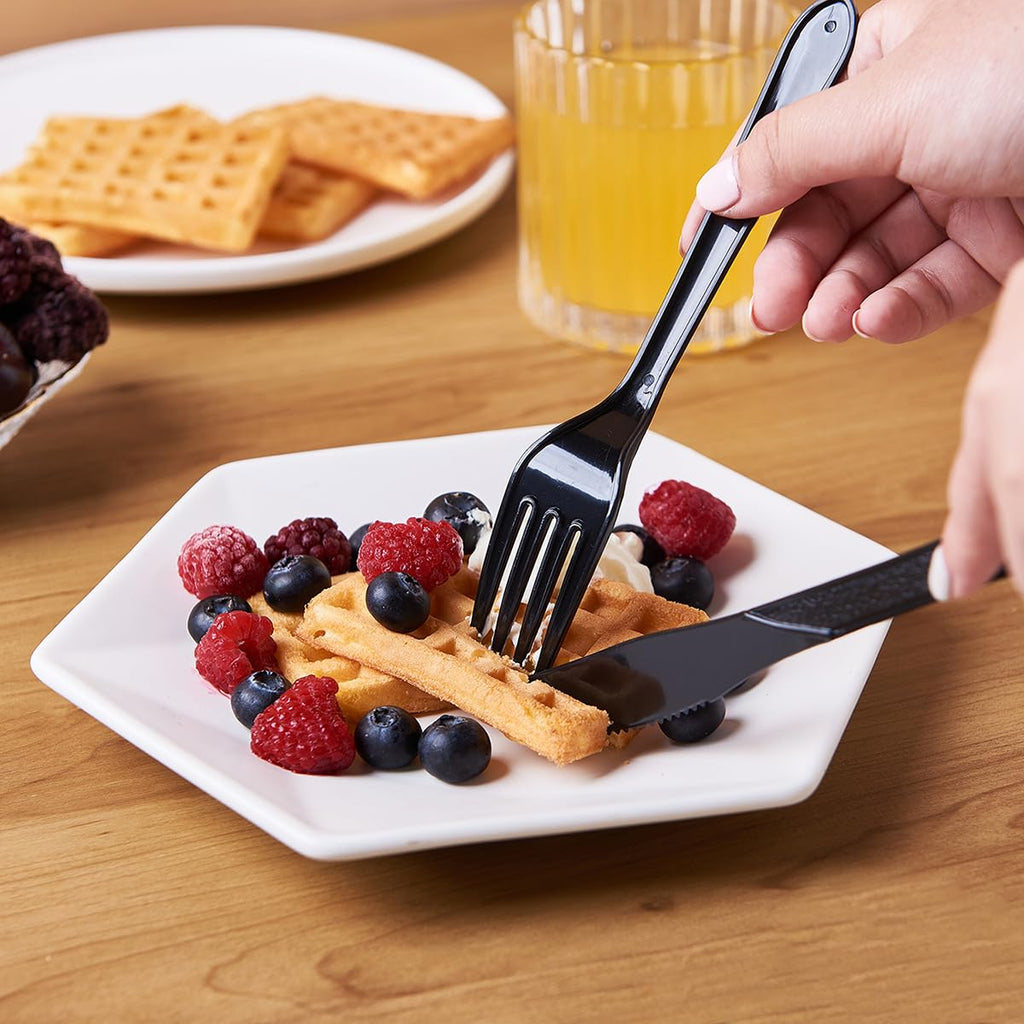 JALUXING [300 Combo Box] Black Plastic Forks Spoons Knives Heavyweight Utensils Disposable Silverware Heavy Duty Cutlery Set