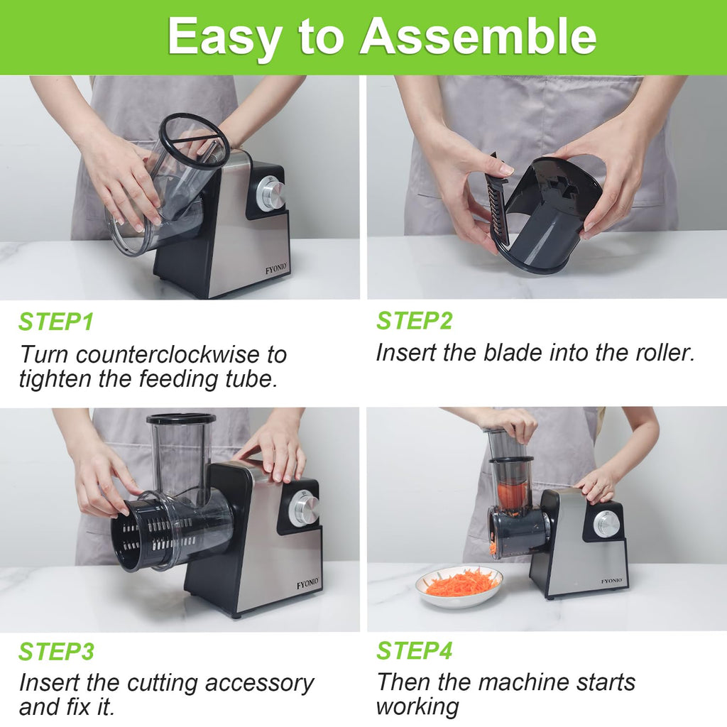 FYONIO Electric Cheese Grater, 5 in 1 Salad Maker with Stainless Steel Blades, 250W Electric Food Slicer & Shredder, Electric Salad Machine for Cheeses, Fruits, Potatoes, Carrots