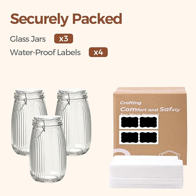 ComSaf Large Ribbed Glass Jars with Airtight Lids 51 oz 3 Pack Wide Mouth