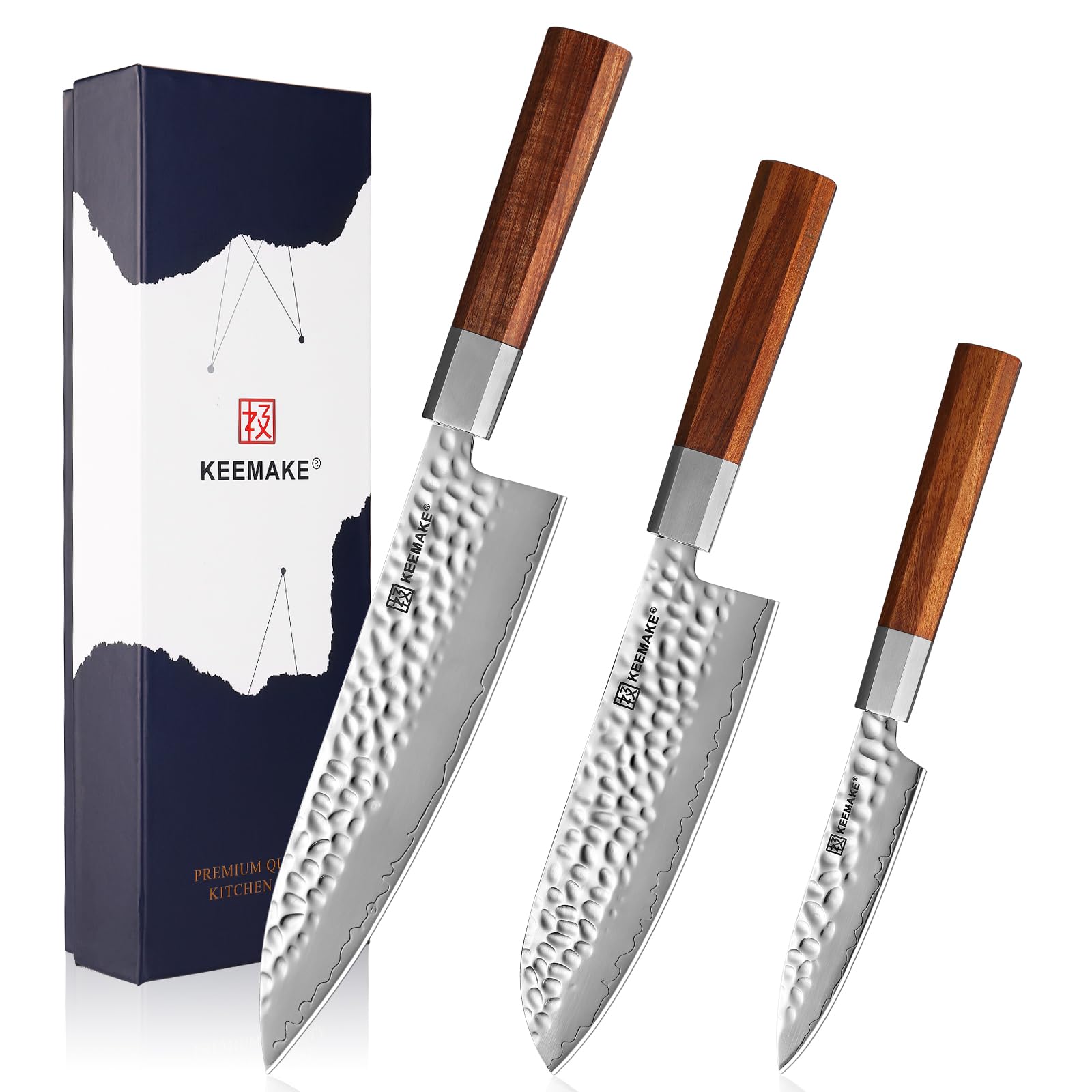 KEEMAKE Kitchen Knife Set 3-pcs - Chef Knife Set with 3-layer Japanese 9CR18MOV Clad Steel Blade, Sharp Knives Set for Kitchen with Octagon Rosewood Handle Kitchen Knives