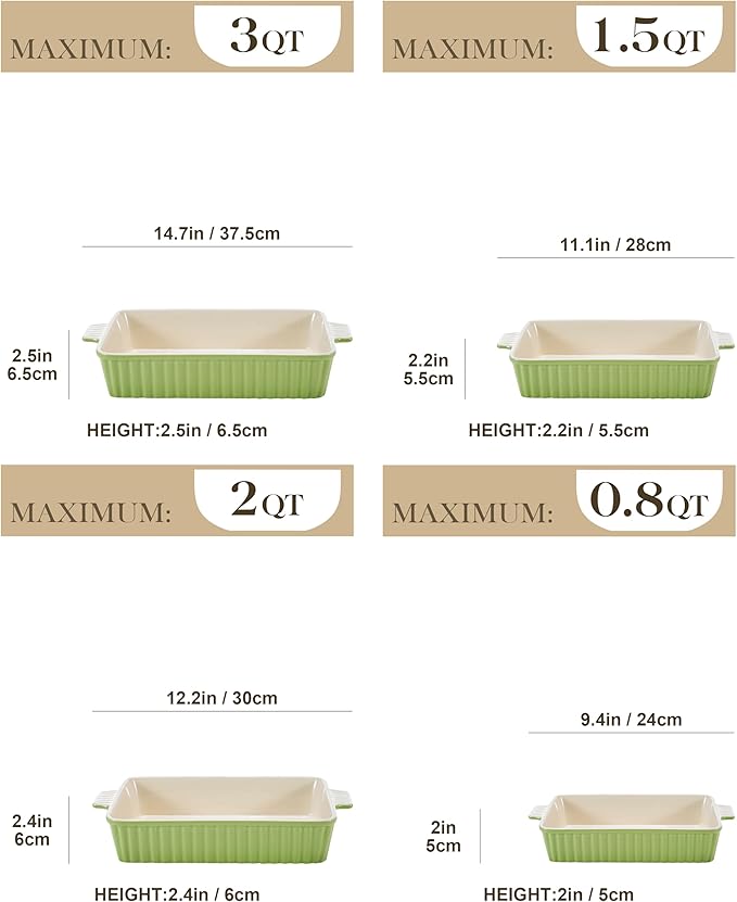 MALACASA Ceramic Baking Dishes Set of 4, Deep Casserole Dish, Green