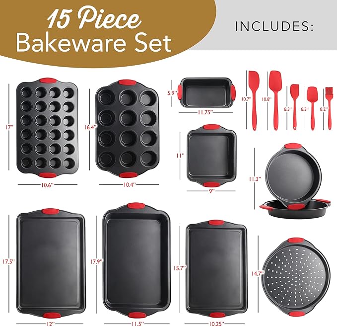 Eatex Nonstick Baking Sheet Set, 15-Piece Baking Pans Set with Silicone Handles, Carbon Steel Cookie Sheets for Baking, Commercial Grade Quality Bakeware Sets Includes Muffin Pan, Cake Pan and More