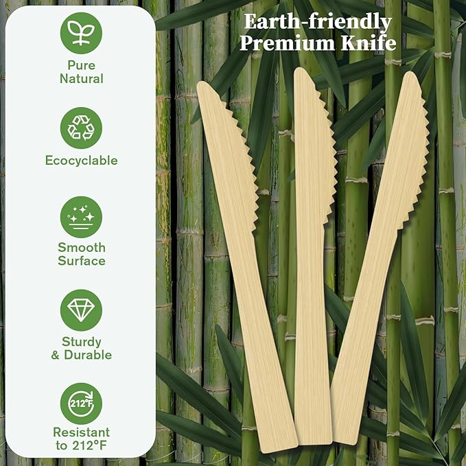 ECOLipak 300 Count Disposable Compostable Bamboo Knives for Party, Dinner