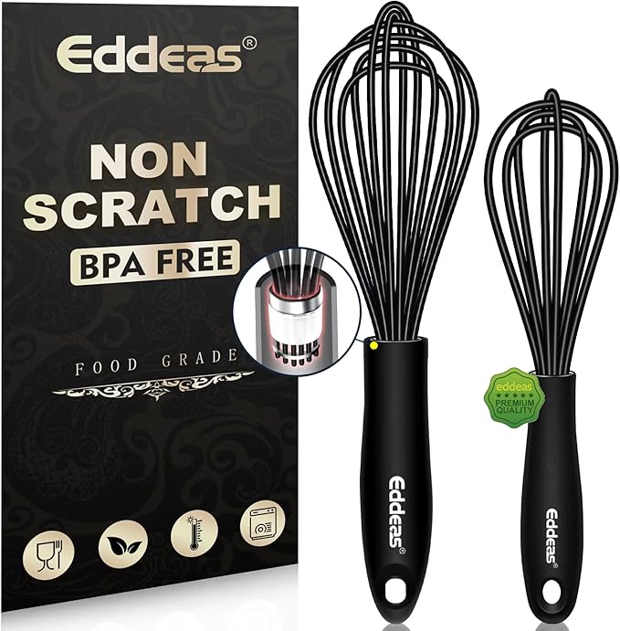 Eddeas Mini Silicone Whisk, Small Silicone Whisk 7+9in, BPA free Non Scratch Coated Protect your Ceramic Pots and Pan.Perfect for Whisking, Beating, Mixing.Black