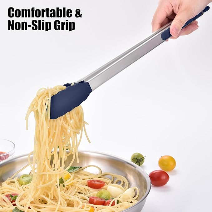Doosu Kitchen Tongs with Silicone Tips for Cooking Serving (16in, Navy)