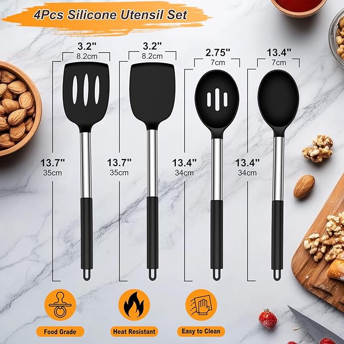 Yoehka Silicone Cooking Utensils Set, 4Pcs Spatula and Spoon Set, Black