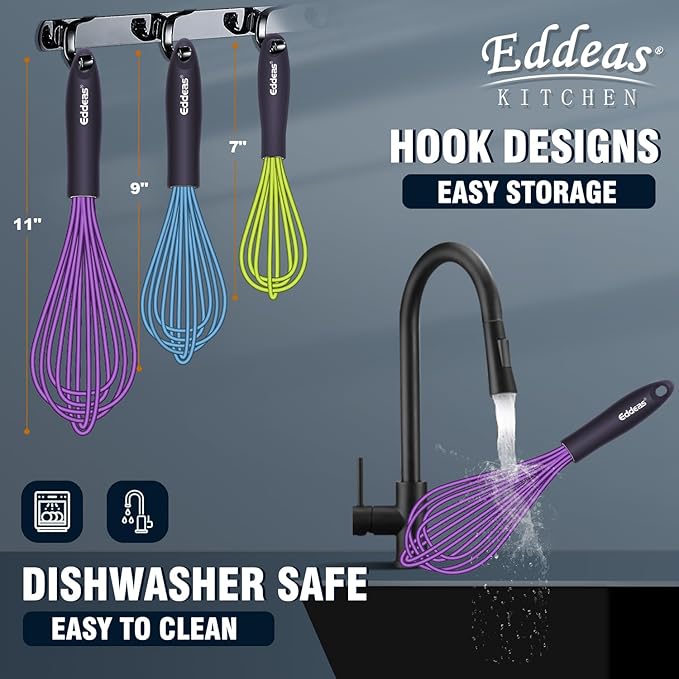Eddeas Silicone Whisk, 500°F Heat Resistant Non Scratch Coated Whisks for Cooking Baking Balloon wisk, Kitchen Whisk Tool Set, for Stirring, Beating & Blending of 3 Size 7.5"+ 9" +11 inch
