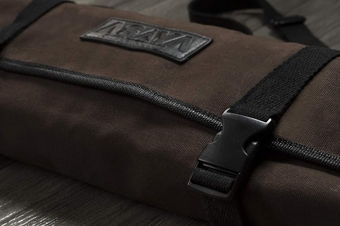 Asaya Waxed Canvas Chef Knife Roll Bag with 10 Slots and a Zipper Pocket - Professional Chef Knife Bag & Storage Case, with Shoulder Strap - Knives Not Included (Brown)