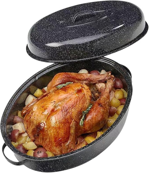 13” Enamel Roaster With Lid Oval Roasting Pan For Oven,Turkey Roaster Pot Broiler Pan Chicken Vegetables Suitable For Dining With Two People High Cookware Small Baking Pan